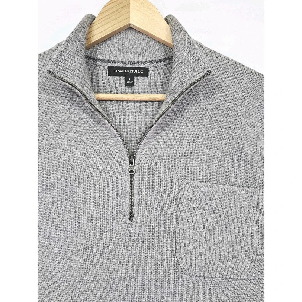 Banana Republic Men Large Grey Quarter Half Zip Thick Warm Cozy Sweater W Pocket